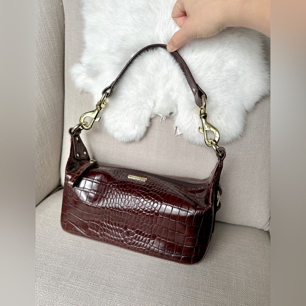 VTG 90s Y2K Ralph Lauren Cognac Crock Embossed Leather Baguette Purse Shoulder